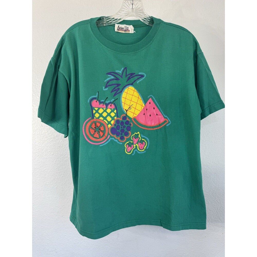 Ashley Hill Fun Fruit Green Tshirt Vintage Pineapple Watermelon Strawberry